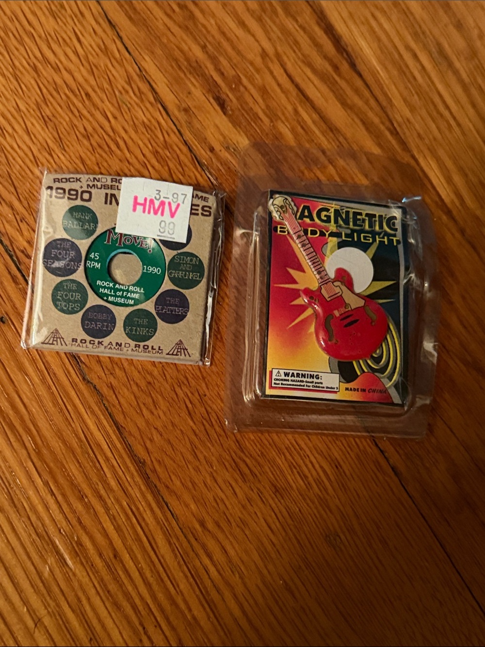 Rock’n’ roll Hall of Fame ‘90 record pin and Magnetic Red Guitar Body Light Pin
